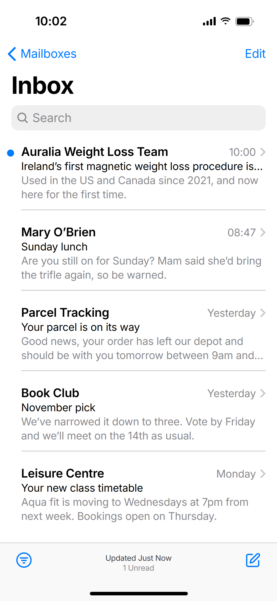 Email 1 in the Apple Mail inbox